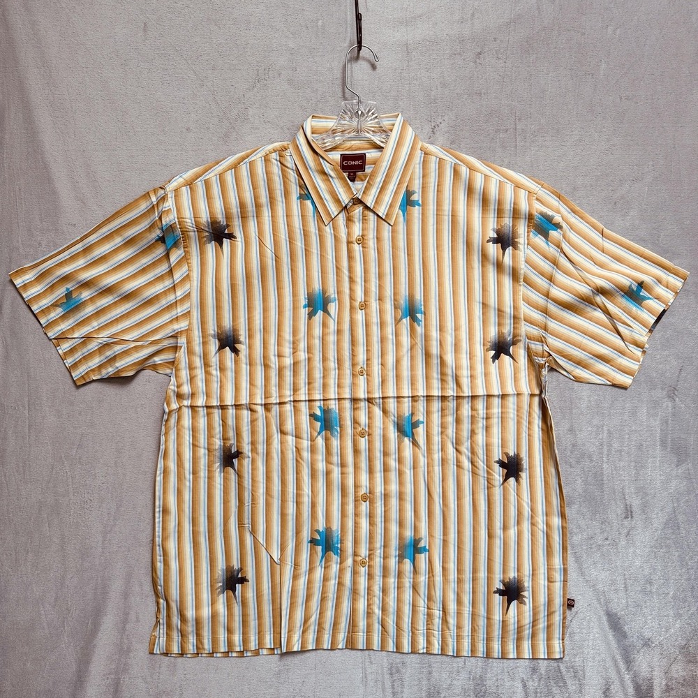 Conic Shirt Mens XL Yellow Stripe Tropical Palm Tree Short Sleeve Button Up